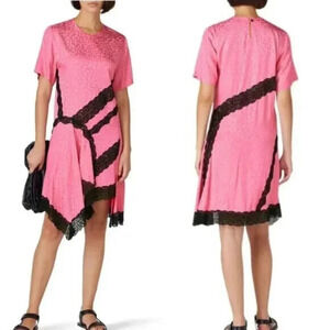 Koche Collective Asymmetric Dress Size 38 US 6 Pink Satin Leopard Lace Trim